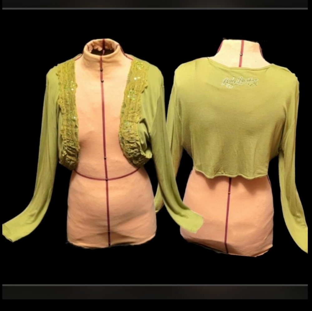 Vtg Y2K Harley Davidson olive green sequins lace long sleeve bolero shrug L NWT - Picture 16 of 16